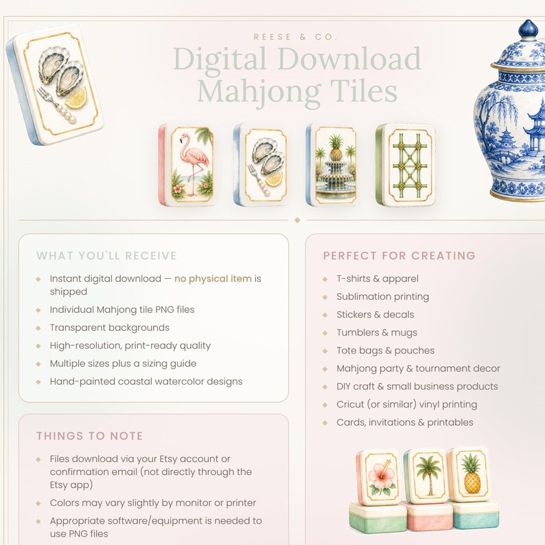 May include: Digital download of hand-painted coastal watercolor Mahjong tiles. The image shows various tiles with designs including oysters, a flamingo, a pineapple fountain, and bamboo. The text says "Digital Download Mahjong Tiles."