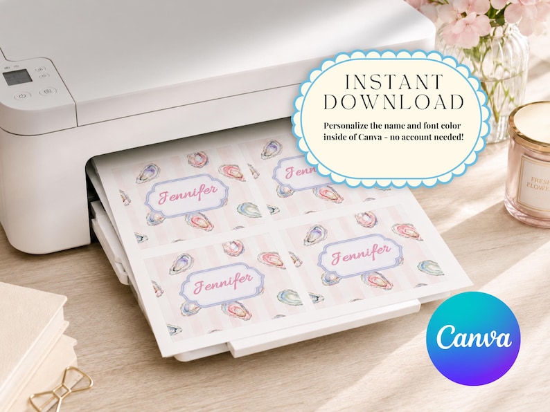 May include: A printer is shown printing sheets of paper with a repeating pattern of oyster illustrations and the name "Jennifer" in a decorative frame. The sheets are printed on a pink and white striped background. The image also includes text that says "Instant Download" and "Canva".