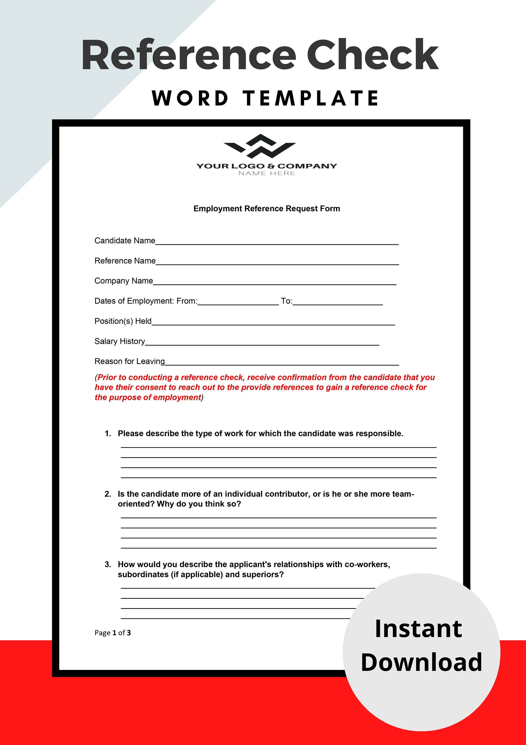 Reference Check HR Template Applicant Reference Check Form Candidate ...