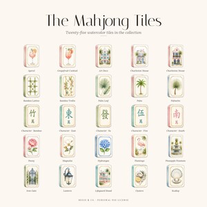Pode incluir: Uma cole&ccedil;&atilde;o de vinte e cinco pe&ccedil;as de Mahjong em aquarela. Cada pe&ccedil;a apresenta um design &uacute;nico, incluindo coquet&eacute;is, elementos arquitet&ocirc;nicos, ilustra&ccedil;&otilde;es bot&acirc;nicas e caracteres chineses. As pe&ccedil;as retangulares t&ecirc;m cantos arredondados.