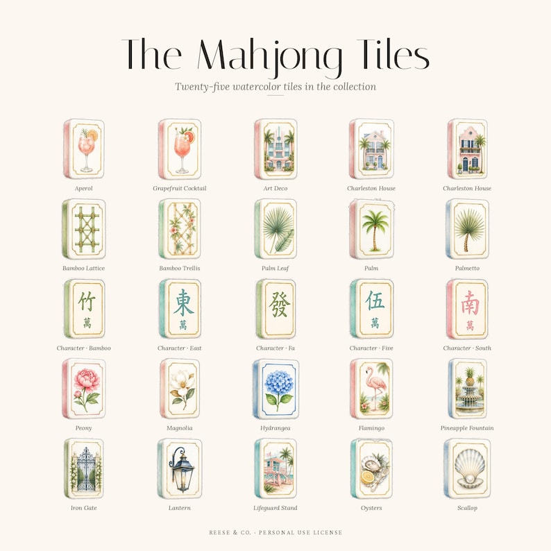 Pode incluir: Uma cole&ccedil;&atilde;o de vinte e cinco pe&ccedil;as de Mahjong em aquarela. Cada pe&ccedil;a apresenta um design &uacute;nico, incluindo coquet&eacute;is, elementos arquitet&ocirc;nicos, ilustra&ccedil;&otilde;es bot&acirc;nicas e caracteres chineses. As pe&ccedil;as retangulares t&ecirc;m cantos arredondados.