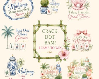 Watercolor Mahjong Clipart Bundle, Coastal Chinoiserie PNGs (Digital Download)