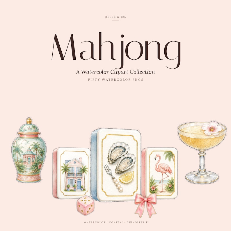 May include: Watercolor clipart collection featuring the word "Mahjong" in a stylish font. The image includes a decorative jar, game tiles with coastal and Chinoiserie themes, a cocktail, a pink bow, and a die.