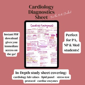 Puede incluir: Una hoja de estudio digital para estudiantes de PA, NP y medicina que cubre los diagnósticos de cardiología. La hoja incluye información sobre enzimas cardíacas, paneles de lípidos, pruebas de esfuerzo y paneles cardíacos. La hoja se titula "Hoja de diagnósticos de cardiología para el estudiante de PA".