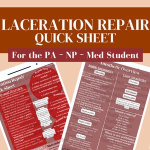 May include: A digital guide for medical professionals on laceration repair, featuring a red and white title "Laceration Repair Quick Sheet" and a subtitle "For the PA ~ NP ~ Med Student". The guide includes sections on wound overview, repair prep, anesthetic overview, suture removal, and when to use antibiotics.