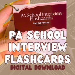 May include: A set of flashcards on a metal ring with a dark maroon and light pink color scheme. The top card features the text PA School Interview Flashcards, For the Pre-PA, and ThePAPapers. Large white text reads PA SCHOOL INTERVIEW FLASHCARDS.