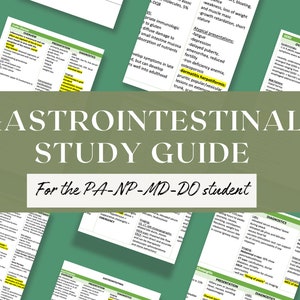 Puede incluir: Una guía de estudio verde y blanca para estudiantes de PA-NP-MD-DO sobre trastornos gastrointestinales. La guía incluye secciones sobre descripción general, presentación, diagnóstica y tratamiento.