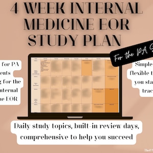 May include: A laptop screen displaying a 4-week study plan for the PAEA Internal Medicine EOR. The plan includes daily study topics and built-in review days. The text "For the PA Student" is in a black box in the upper right corner of the image. The text "Simple and flexible to help you stay on track" is in a white box below the black box. The text "Daily study topics, built-in review days, comprehensive to help you succeed" is below the laptop. The text "ThePAPapers" is in the bottom right corner of the image.