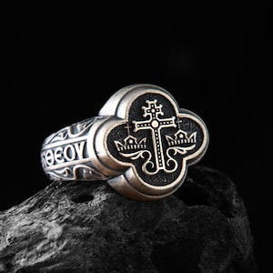 Silver Orthodox jewelry, Christian cross ring, Byzantine Rite ring, Greek Rite signet, Russian inscription Talisman, Slavic rings, Best Gift