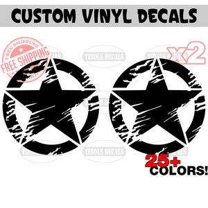 Two Distressed Military Star Decals Star Sticker Vinyl Decal fit Jeep Nissan Chevy Ford Toyota Dodge Hood Door Tumbler Wall Golf Cart Bike