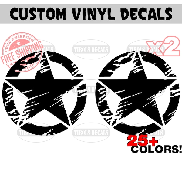 Two Distressed Military Star Decals Star Sticker Vinyl Decals fit Jeep Nissan Chevy Ford Toyota Hood Door Tumbler Laptop Wall Golf Cart