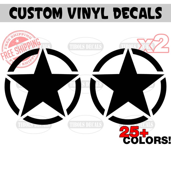 Two Military Star Decals Army Star Sticker Vinyl Decals fit Jeep Toyota Chevy Ford Dodge Nissan Hood Roof Door Tumbler Laptop Wall Golf Cart