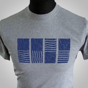 May include: A grey t-shirt with a blue graphic print of four stylised waves. The waves are in a row and have a distressed look.