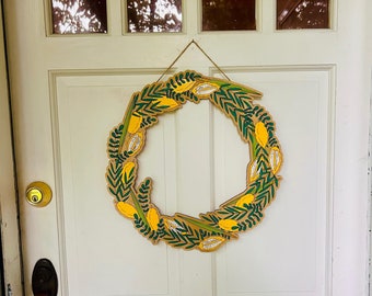 Hand-Painted Sukkot 18-inch Wooden Door Hanger | Jewish Holiday Decor | 4 Species Sukkot Wreath