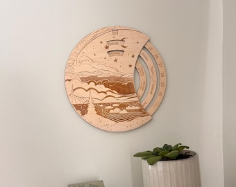 Perpetual Hebrew Calendar with Lunar Scene | Handcrafted Modern Jewish Calendar  | Hebrew Months & Days | 9.5" or 12" Inch