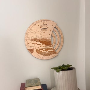 Perpetual Hebrew Calendar with Lunar Scene | Handcrafted Modern Jewish Calendar  | Hebrew Months & Days | 9.5&quot; or 12&quot; Inch