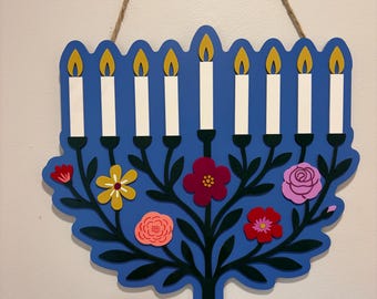 Floral Menorah Wooden Door Hanger | Modern Hanukkah Decor