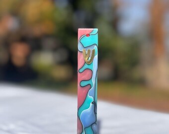 Teal and Pink Waves Acrylic Mezuzah Case – Handmade Modern Judaica – Fits 4” Scroll