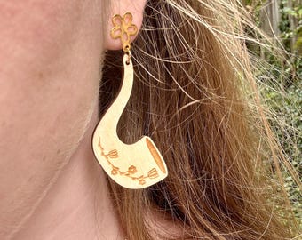 Shofar Dangle Earrings | Birch Wood and Flower Gold Plated Stainless Steel Studs