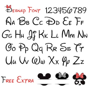 Op de afbeelding: Een zwart-wit alfabet in een Disney-stijl. De letters zijn gestileerd met een speelse, cartoonachtige uitstraling. Het lettertype is gelabeld "BESNAP FONT" en bevat de cijfers 1 tot en met 9. De afbeelding bevat ook drie cartoon-muizenkoppen met rode strikken. De tekst "FREE EXTRA" staat onderaan de afbeelding.