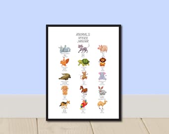 Animales en Punjabi, Cartel educativo Punjabi, Sikh, Decoración de sala de juegos, Gurmukhi, Animales en Gurmukhi, Decoración de pared para niños, Escuela en casa, Digital