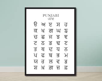Alfabeto Gurmukhi negro, sikh, punjabi, decoración de sala de juegos, cartel imprimible, Gurmukhi, alfabeto punjabi, decoración de pared para niños, tabla de idioma panjabi