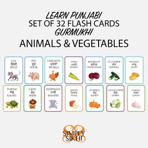 32 Learn Punjabi Flash Cards, Animals and Vegetables in Punjabi, Homeschooling Resources, Learn Punjabi, Gurmukhi, Punjabi Education, Sikhi