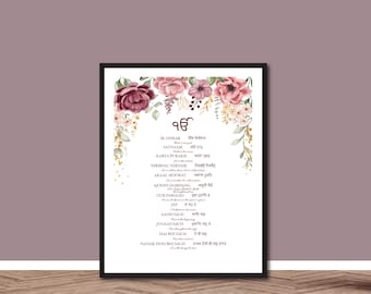 Ik Onkar Mool Mantar, Pink Floral, Shabad con traducción al inglés, Sikh, Gurbani, Gurmukhi, Punjabi, Sikhi, Ik Onkar, Shabad Gurbani Quotes