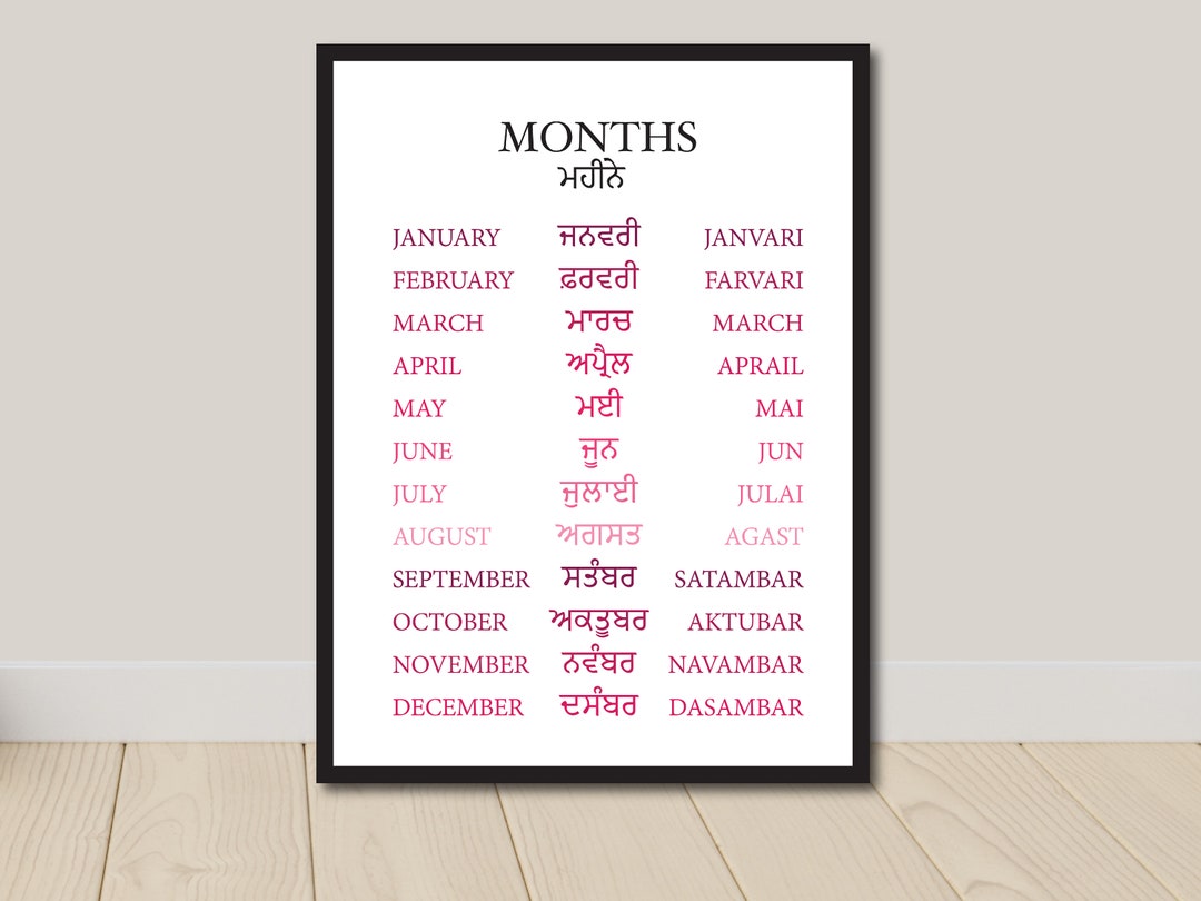 Months in Punjabi, Pink, Sikh, Playroom Decor, Months in Gurmukhi, Gurmukhi, Punjabi, Kids Wall