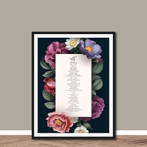 Ik Onkar Mool Mantar, Navy Floral, Shabad with English Translation, Sikh, Gurbani, Gurmukhi, Punjabi, Sikhi, Ik Onkar, Shabad Gurbani Quotes