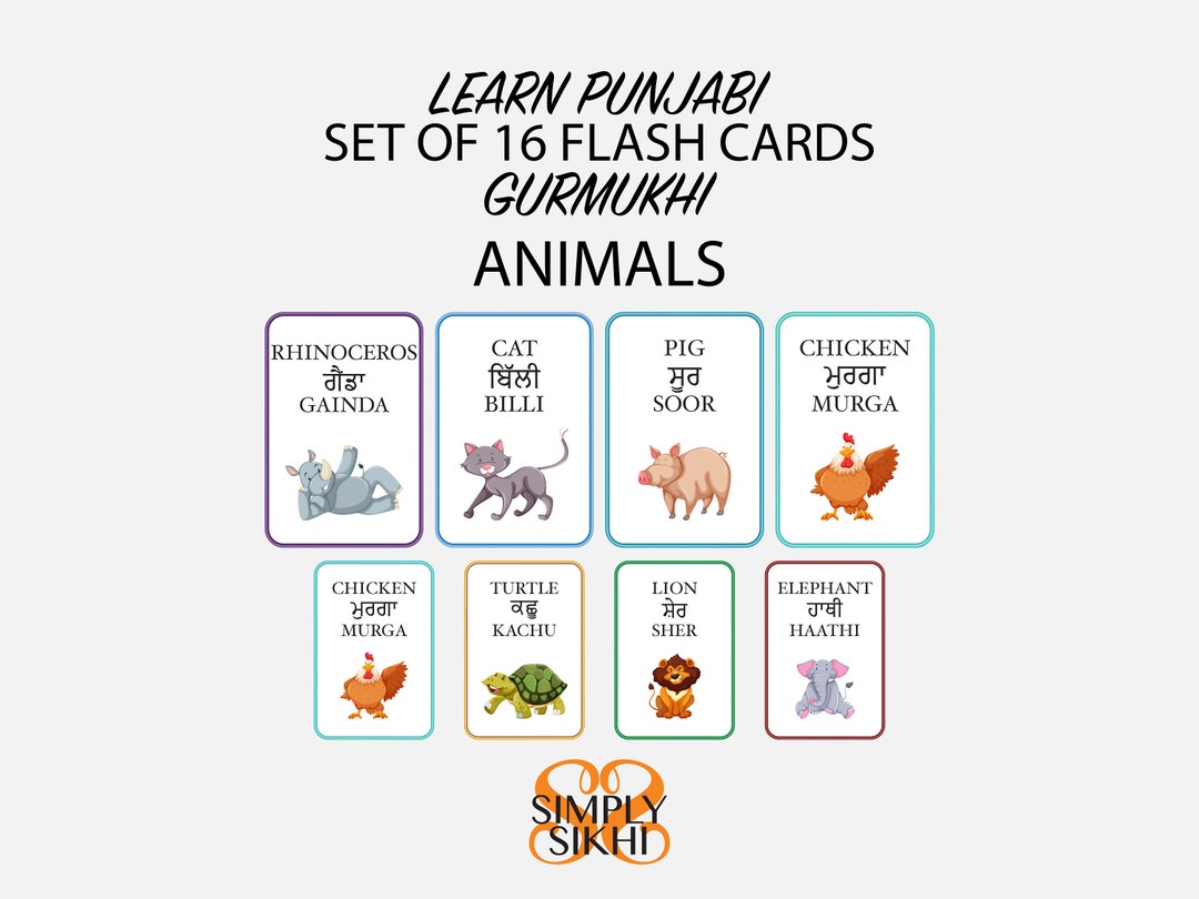 16 Learn Punjabi Flash Cards, Animals in Punjabi, Wall Decor ...