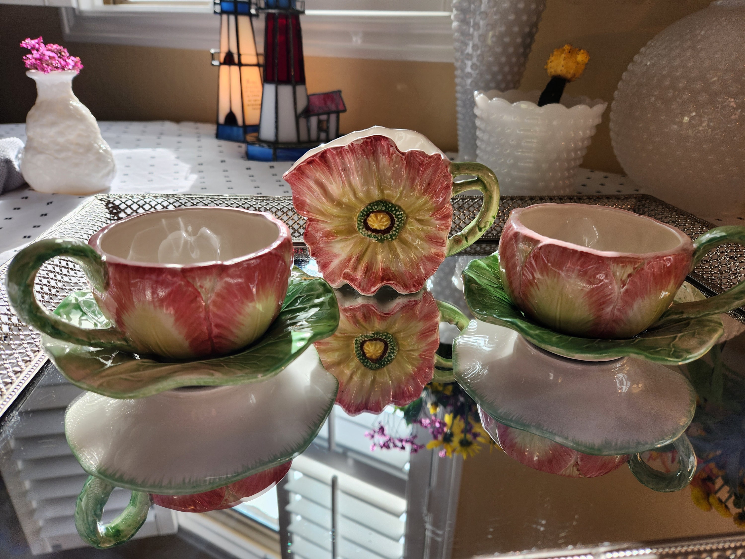 Fitz and Floyd Pansies Fine Porcelain Japan Desert Plate Teacups Saucer set  of 4 - Serving