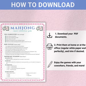 May include: A pink and white Mahjong quick reference guide with instructions on how to play the game. The guide includes information on the Charleston exchange, game setup, and important rules. The image also includes instructions on how to download and print the guide.