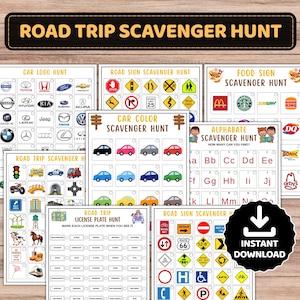 Può includere: Una raccolta di fogli di attività stampabili per una caccia al tesoro in auto, con varie griglie per loghi di auto, segnali stradali, insegne di cibo, colori di auto e un gioco dell'alfabeto. Ogni foglio include caselle da spuntare.