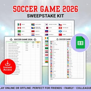 Sweepstakekit WK 2026, afdrukbare voetbal Office Pool Game, Watch Party Kit, US Letter pdf, bewerkbare Google Spreadsheets, direct downloaden