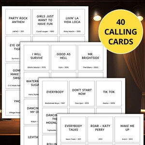 May include: A collection of white calling cards with song titles and artist names, including "Party Rock Anthem" and "Girls Just Want to Have Fun." A yellow circle displays "40 Calling Cards."