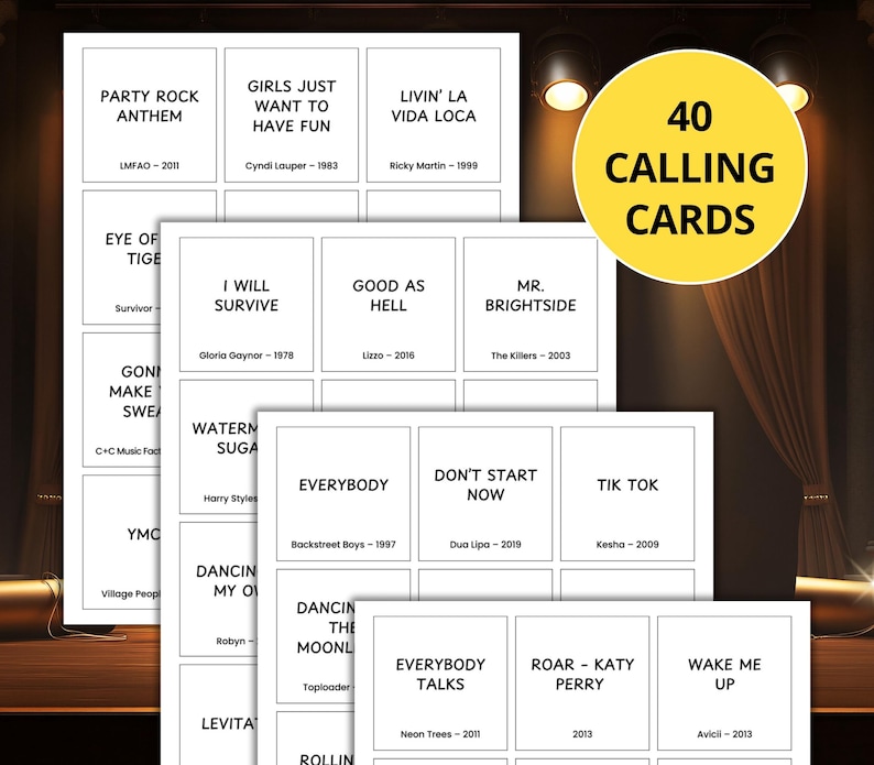 May include: A collection of white calling cards with song titles and artist names, including "Party Rock Anthem" and "Girls Just Want to Have Fun." A yellow circle displays "40 Calling Cards."