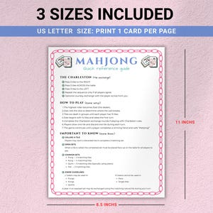 Printable Mahjong Cheat Sheet, Mahjong Rules Guide, Beginner Mahjong Reference Card, Mahjong Party Printable PDF