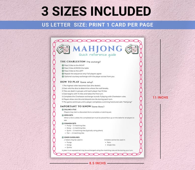 Printable Mahjong Cheat Sheet, Mahjong Rules Guide, Beginner Mahjong Reference Card, Mahjong Party Printable PDF