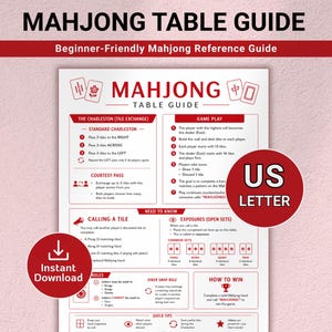 May include: A beginner-friendly Mahjong Table Guide, with the title at the top. The guide includes sections on Standard Charleston, Game Play, and How to Win. A red circle with "US LETTER" is on the right. A red circle with "Instant Download" is on the left.