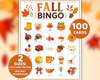 100 Fall Bingo, Printable Fall Bingo Cards, Autumn Bingo Game, Printable Fall Activity, Kids Classroom Game, Family Thanksgiving Party Game