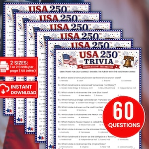 May include: A stack of USA 250 Trivia game sheets featuring a red, white, and blue patriotic theme with an American flag and Liberty Bell graphic. The sheets include 60 questions about American history, with text indicating 2 sizes and instant download.