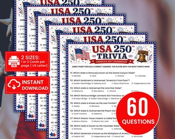 USA 250 Trivia Game Printable, 60 American History Questions, America 250th Anniversary Party Game, Patriotic Quiz PDF