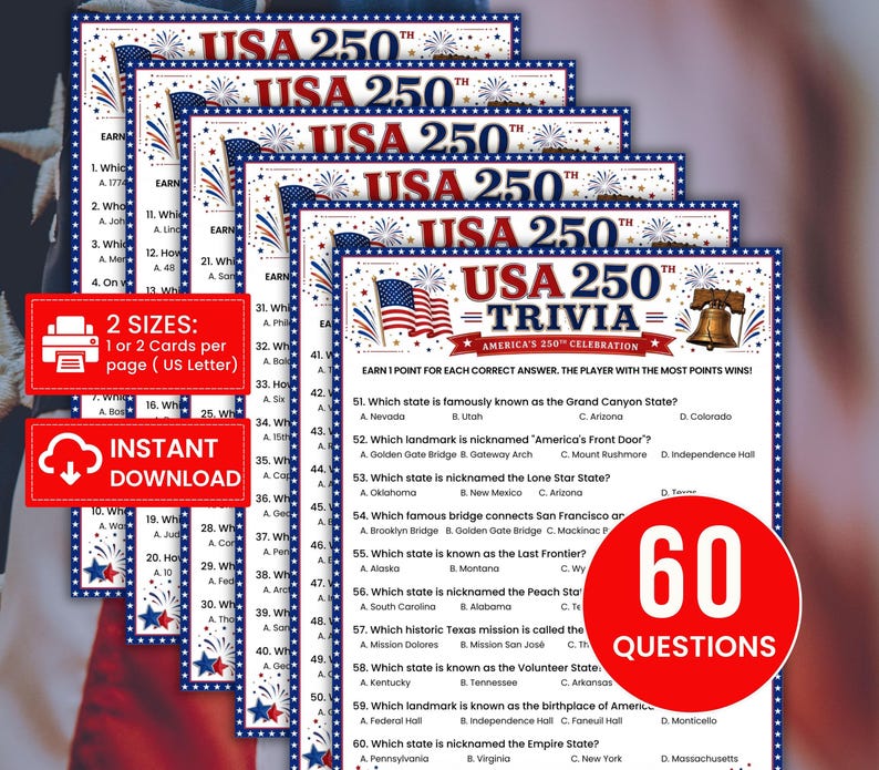 USA 250 Trivia Game Printable, 60 American History Questions, America ...