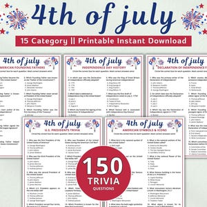 Pode incluir: Jogos de trivia imprimíveis para o 4 de julho, com categorias como os Pais Fundadores americanos e a História do Dia da Independência. O design inclui balões e fogos de artifício vermelhos, brancos e azuis. Contém 150 perguntas.