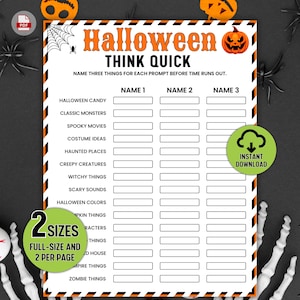 Op de afbeelding: Een Halloween Think Quick spelblad met een witte achtergrond en oranje en zwart gestreepte randen. De tekst bevat categorieën zoals Halloween Candy en Classic Monsters met lege regels voor drie spelers om in te vullen.