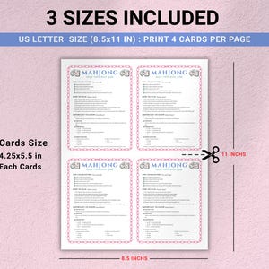 May include: A printed sheet with four Mahjong quick reference guides, each with a pink border. The sheet is designed to be cut into individual cards, each measuring 4.25 x 5.5 inches. The text includes "3 SIZES INCLUDED" and "US LETTER SIZE (8.5x11 IN)".