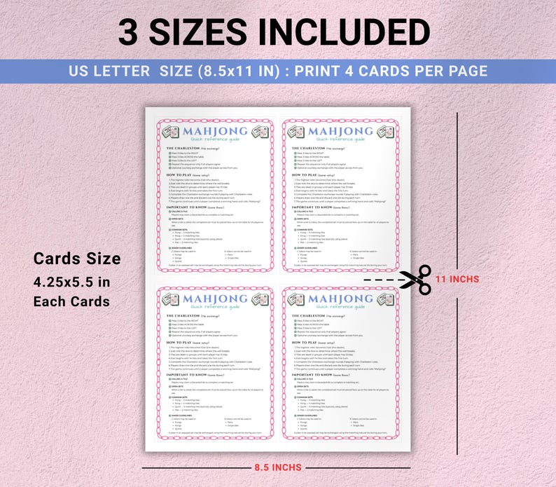 May include: A printed sheet with four Mahjong quick reference guides, each with a pink border. The sheet is designed to be cut into individual cards, each measuring 4.25 x 5.5 inches. The text includes "3 SIZES INCLUDED" and "US LETTER SIZE (8.5x11 IN)".