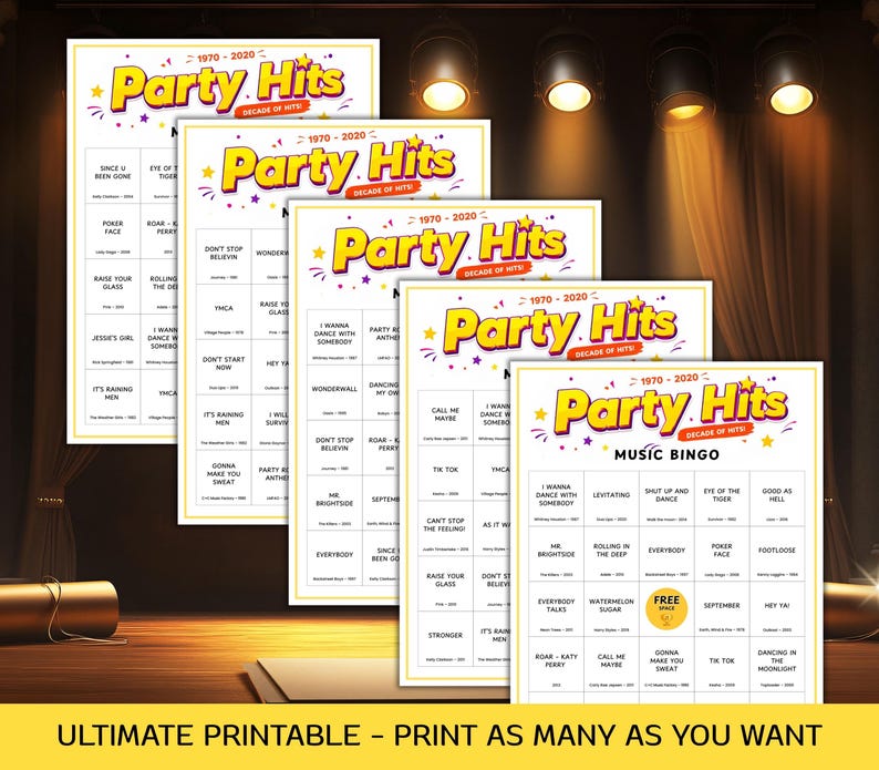 May include: A stack of printable "Party Hits" music bingo cards with a yellow, purple, and white design. The cards feature song titles from the 1970s to 2020s. The bottom of the image reads "ULTIMATE PRINTABLE - PRINT AS MANY AS YOU WANT."