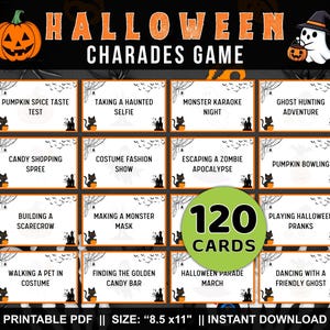 May include: A Halloween charades game set featuring 120 cards with orange borders, black cat illustrations, and text prompts like Pumpkin Spice Taste Test. The printable PDF is sized at 8.5x11 inches and includes a pumpkin and ghost graphic.
